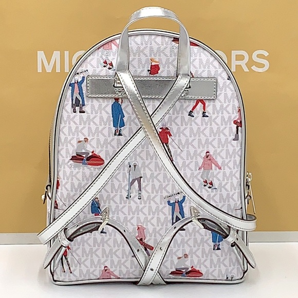 Michael Kors Jet Set Girls Adina Medium Backpack MK Bright White Silver Multi - Picture 3 of 16